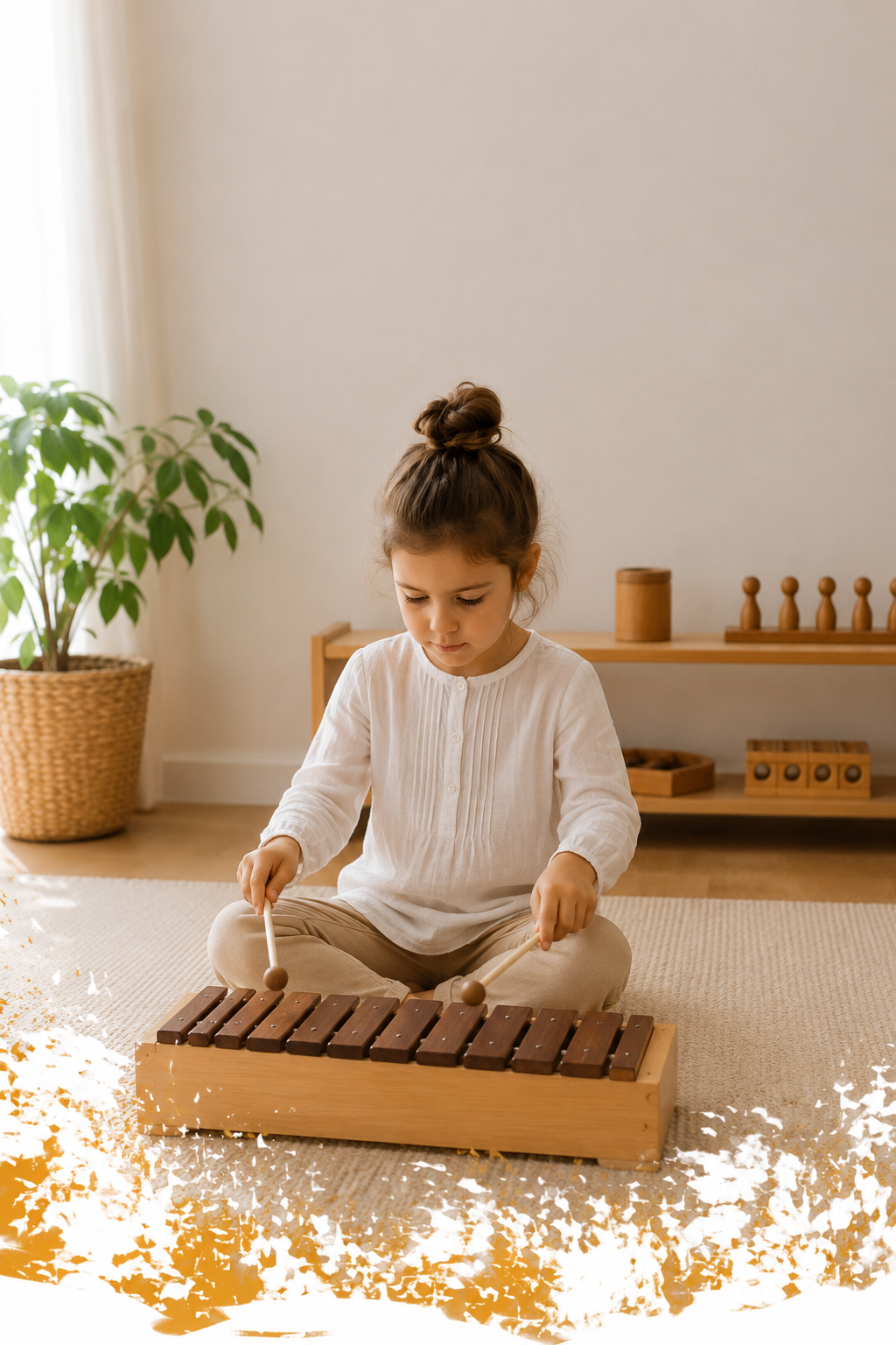 Παιδί που παίζει ξυλόφωνο σε αίθουσα Montessori
